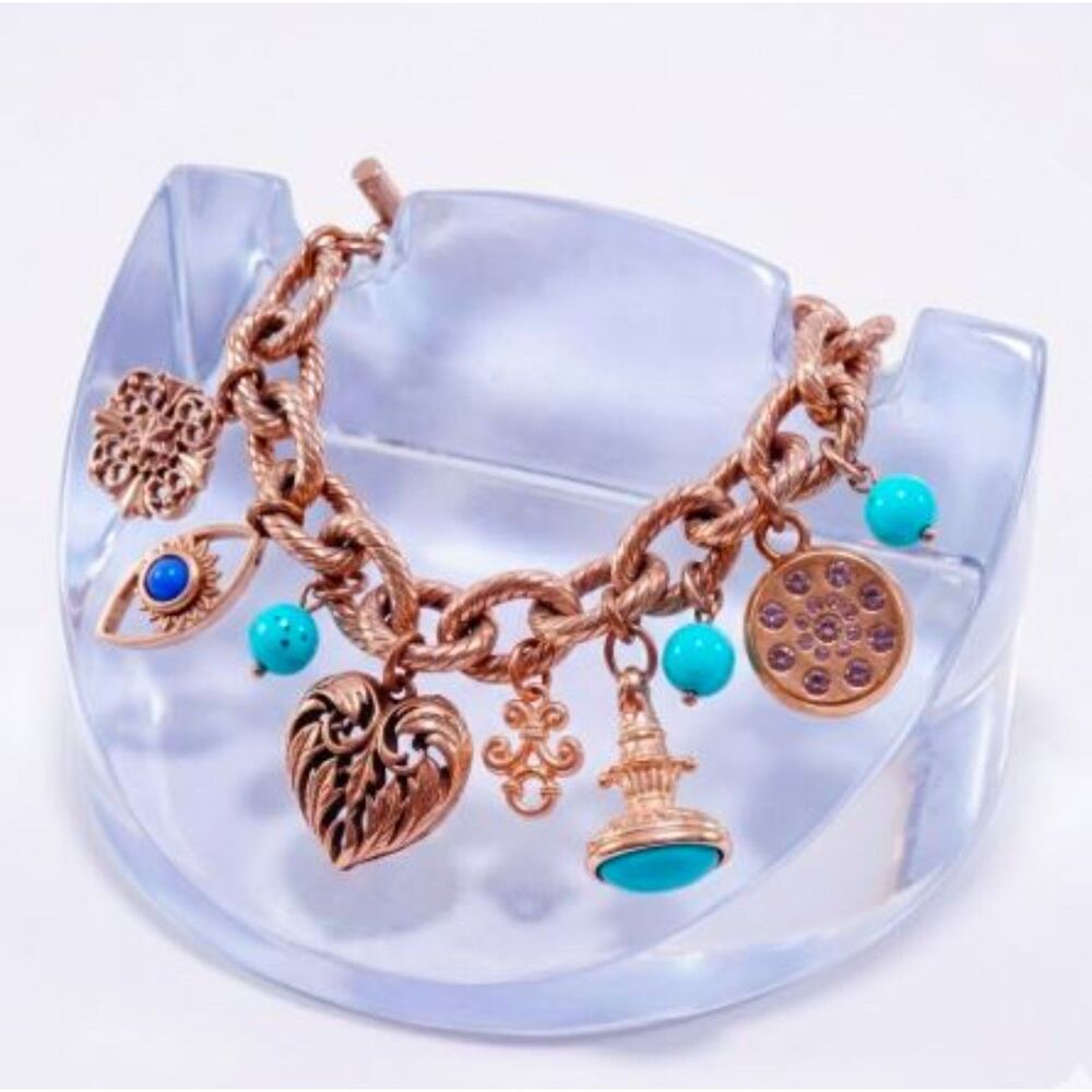 DESIGNER Women's Antique Gold Multi Charm Turq Stone Toggle Bracelet NWOT 298